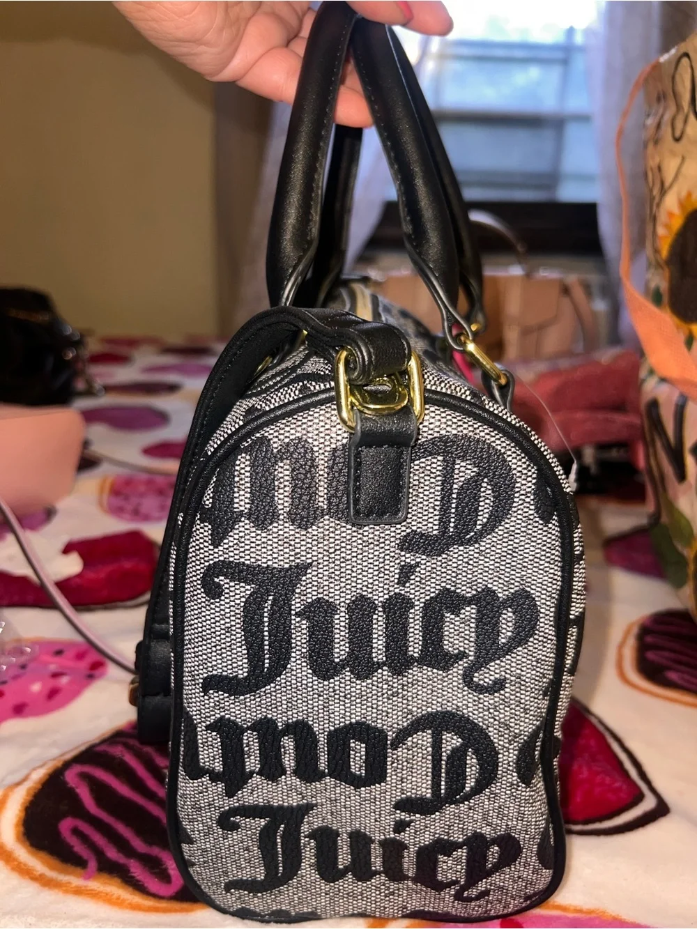 Juicy Couture Black Logo Canvas Satchel with Hot Pink Heart Charm